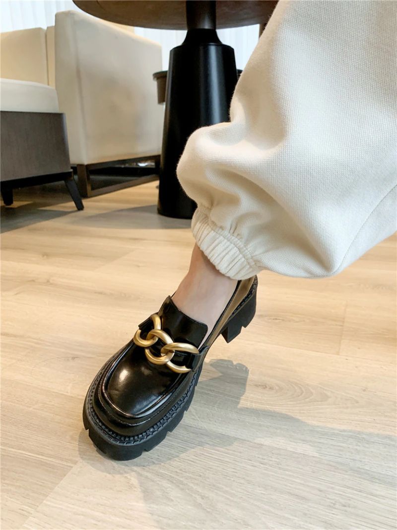Fernanda Ronde Neus Platform Oxford Zwarte Schoenen - Zwart
