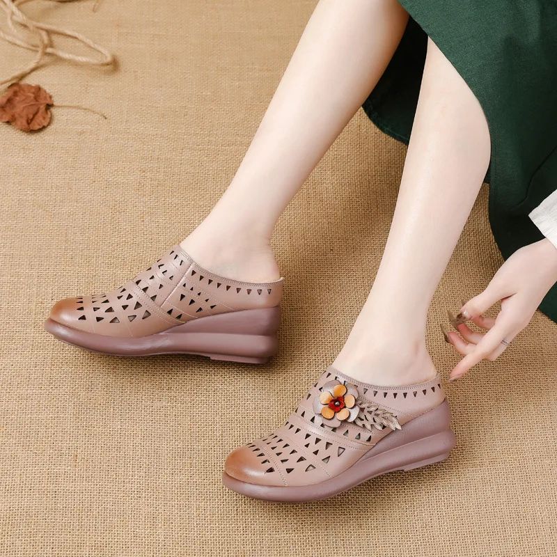 Gaby Dames Platform Leren Holle Sandalen - Beige