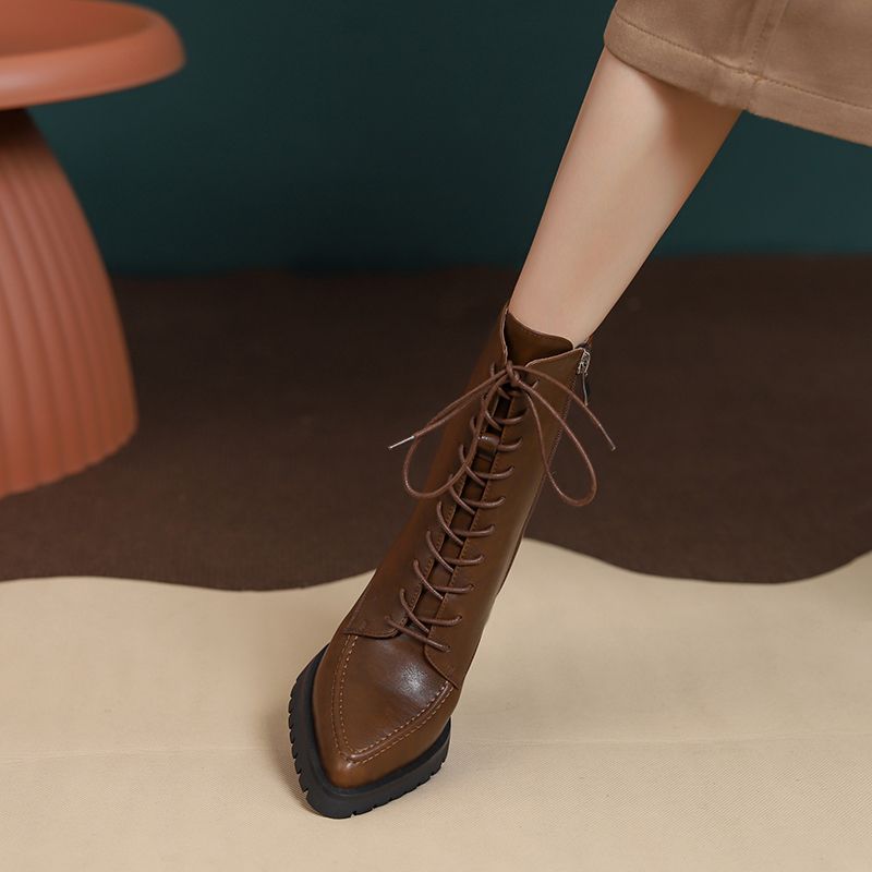 Genesis Dames Thick High Heels Ankle Boots - Bruin Met Bont
