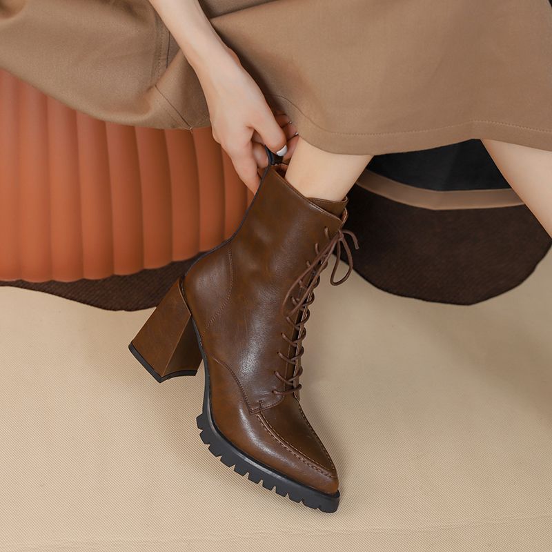 Genesis Dames Thick High Heels Ankle Boots - Bruin Met Bont