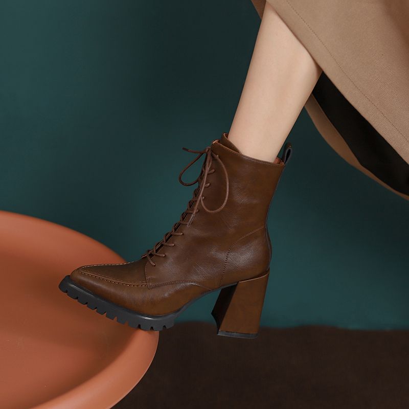 Genesis Dames Thick High Heels Ankle Boots - Bruin Met Bont
