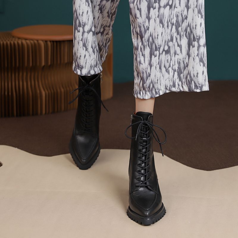 Genesis Dames Thick High Heels Ankle Boots - Bruin Met Bont