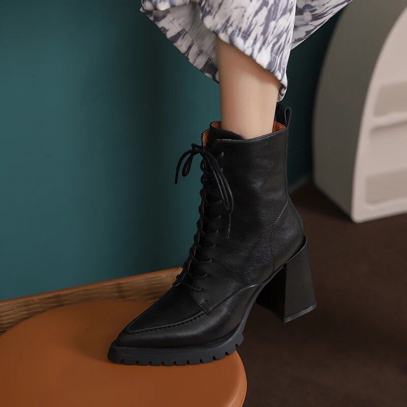 Genesis Dames Thick High Heels Ankle Boots - Bruin Met Bont