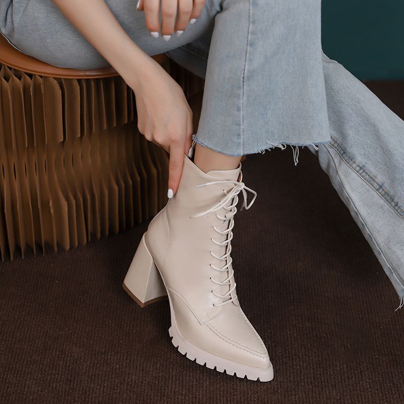 Genesis Dames Thick High Heels Ankle Boots - Bruin Met Bont