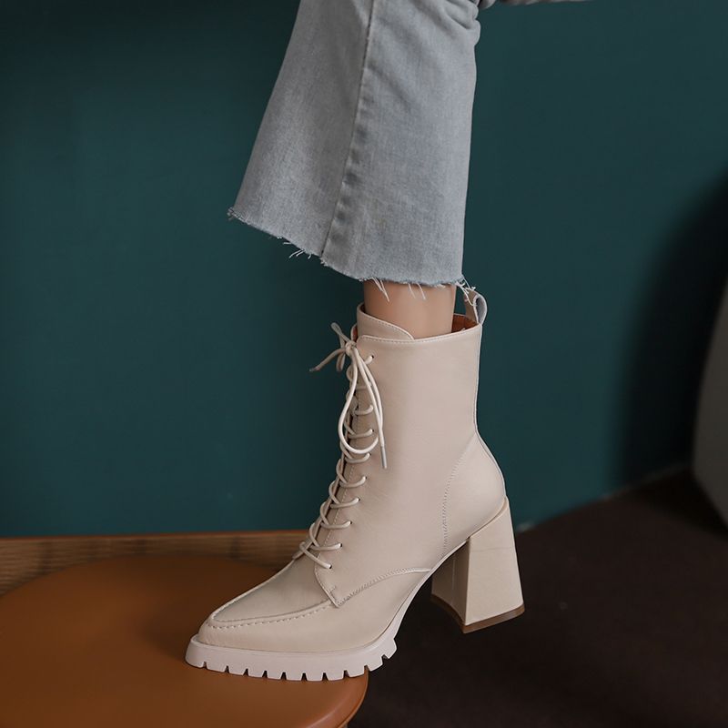 Genesis Dames Thick High Heels Ankle Boots - Bruin Met Bont