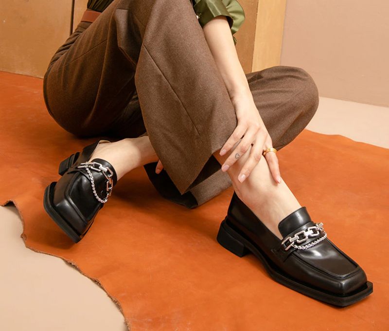 Gina Dames Hoge Kwaliteit Vierkante Neus Loafer Schoenen - Zwart