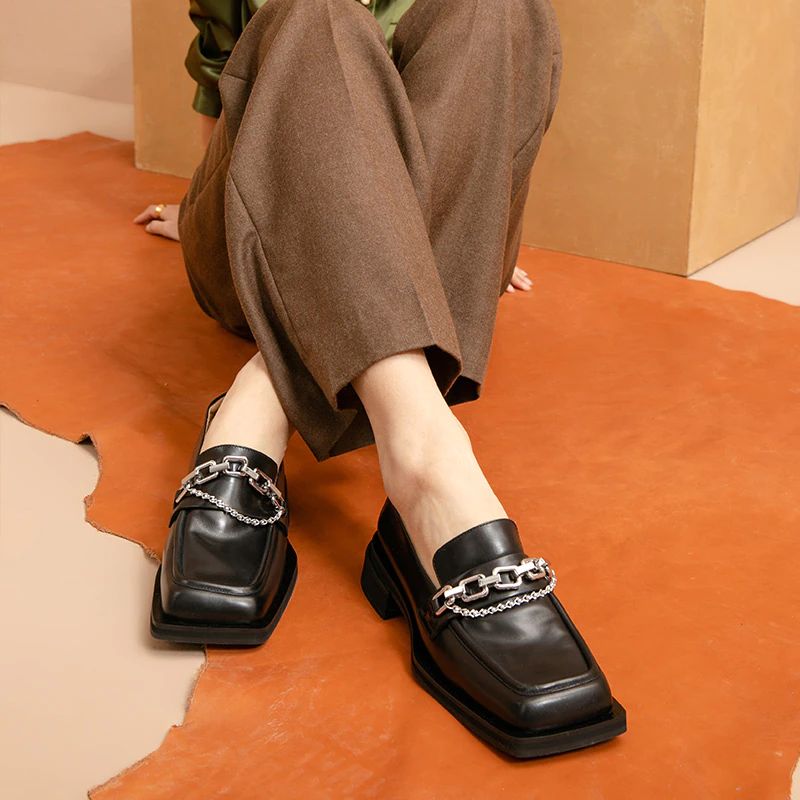 Gina Dames Hoge Kwaliteit Vierkante Neus Loafer Schoenen - Zwart