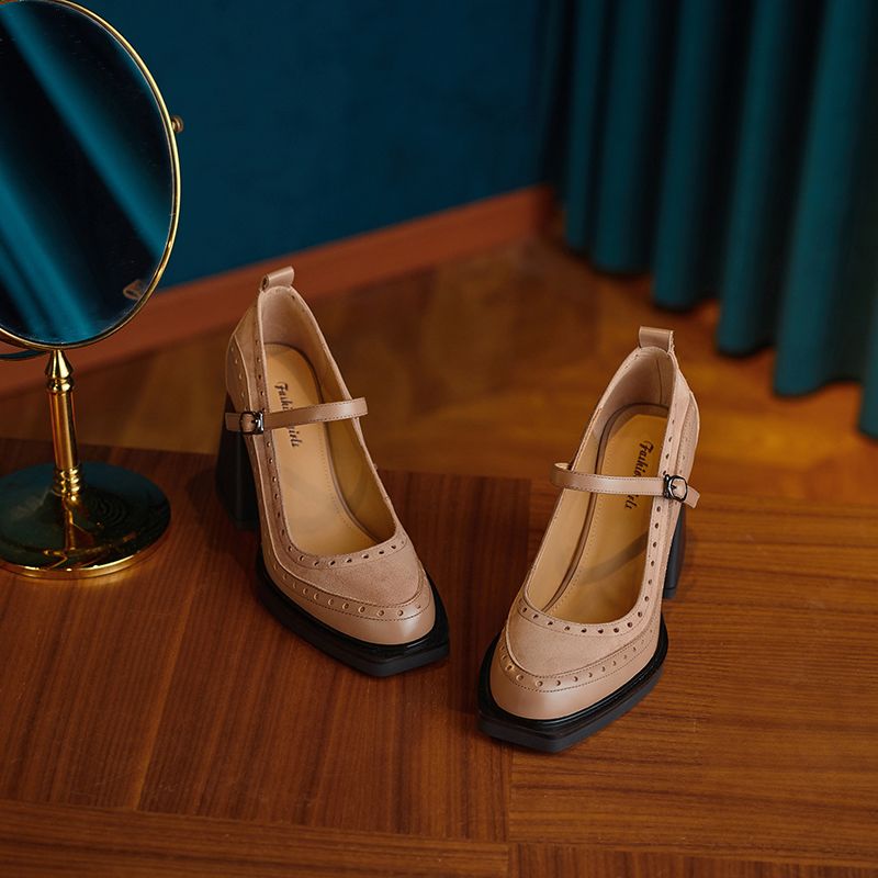Greta Dames Vierkante Teen Pumps - Abrikoos