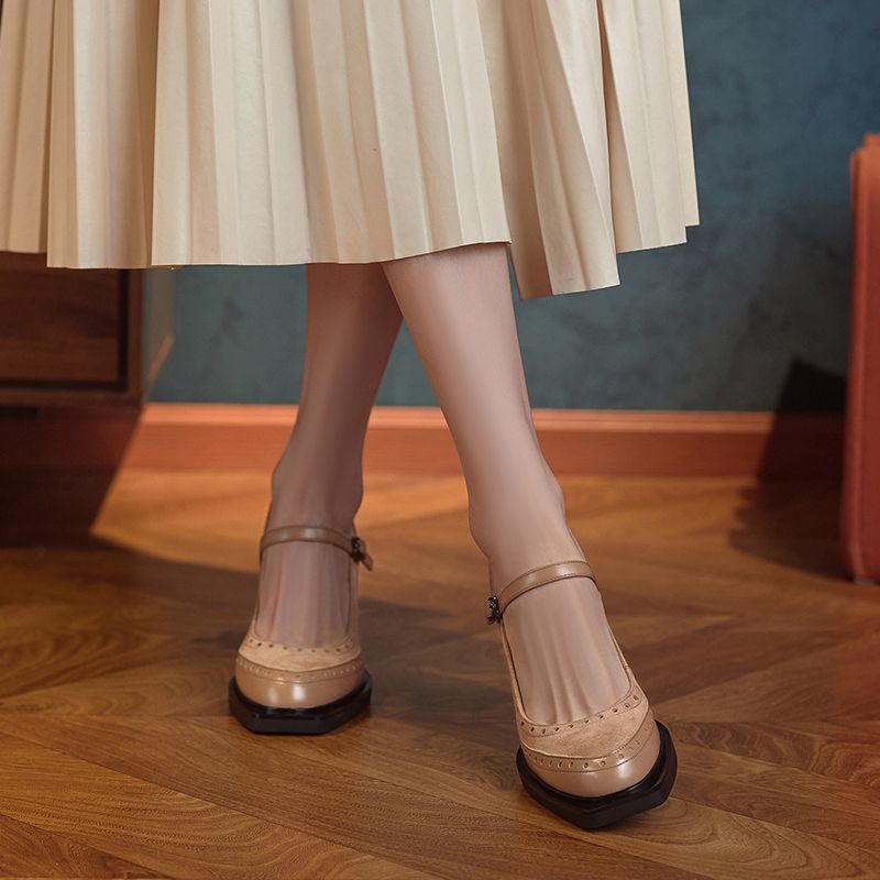 Greta Dames Vierkante Teen Pumps - Abrikoos