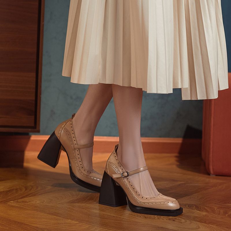 Greta Dames Vierkante Teen Pumps - Abrikoos