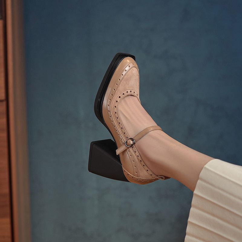 Greta Dames Vierkante Teen Pumps - Abrikoos