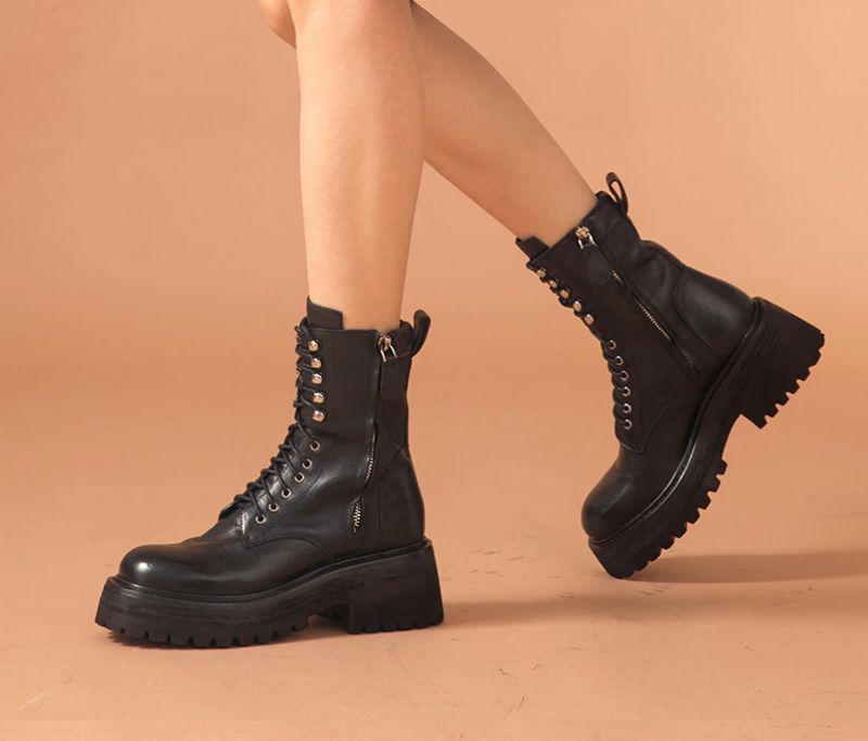 Hanson Dames Platform Leren Laarzen - Zwart