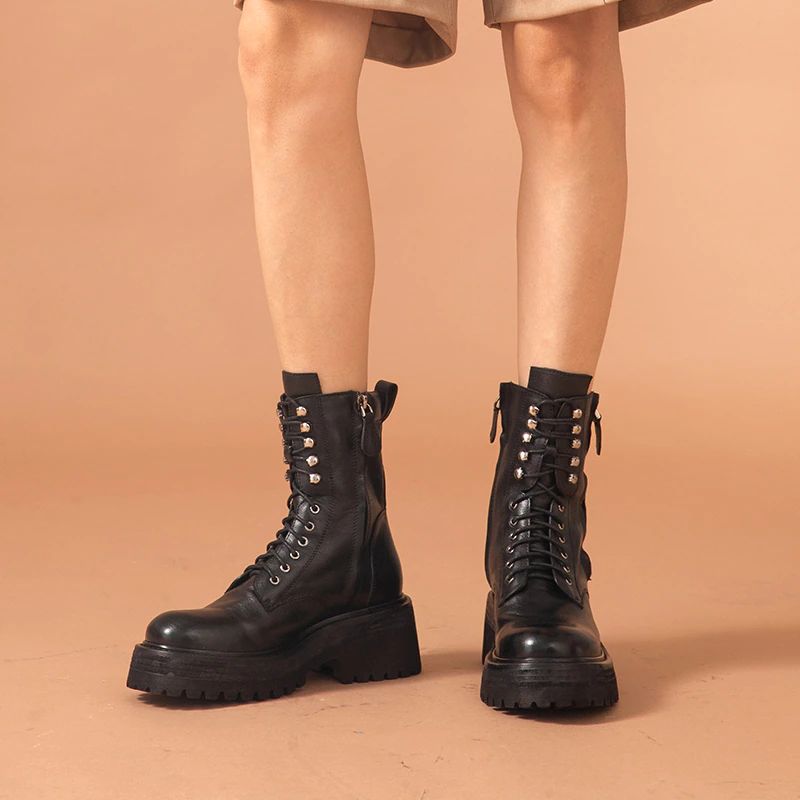 Hanson Dames Platform Leren Laarzen - Zwart