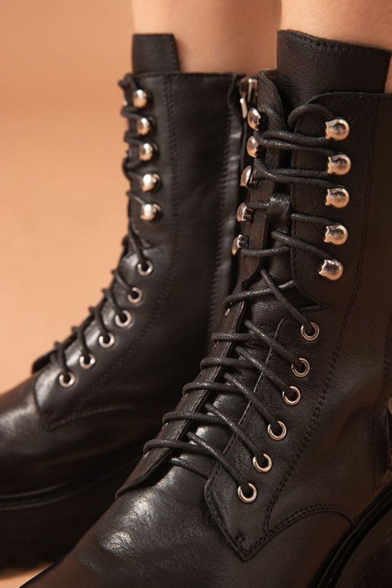 Hanson Dames Platform Leren Laarzen - Zwart