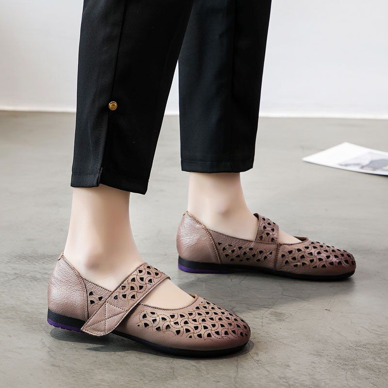 Hazel Dames Leren Platte Schoenen - Kaki
