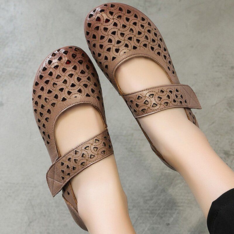 Hazel Dames Leren Platte Schoenen - Kaki