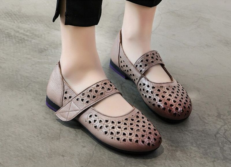Hazel Dames Leren Platte Schoenen - Kaki