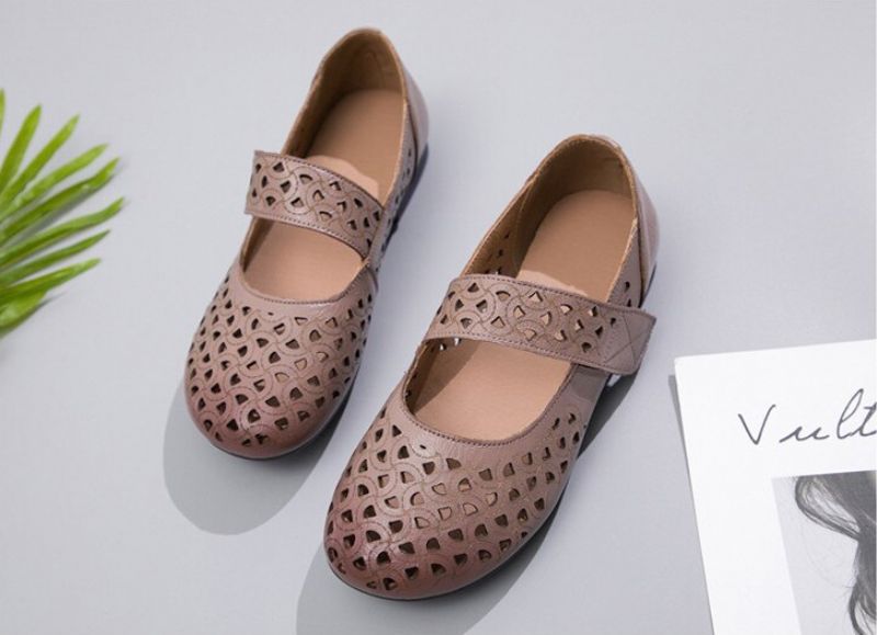 Hazel Dames Leren Platte Schoenen - Kaki