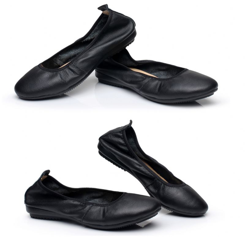 Julia Dames Platte Leren Ballerina Schoenen - Zwart