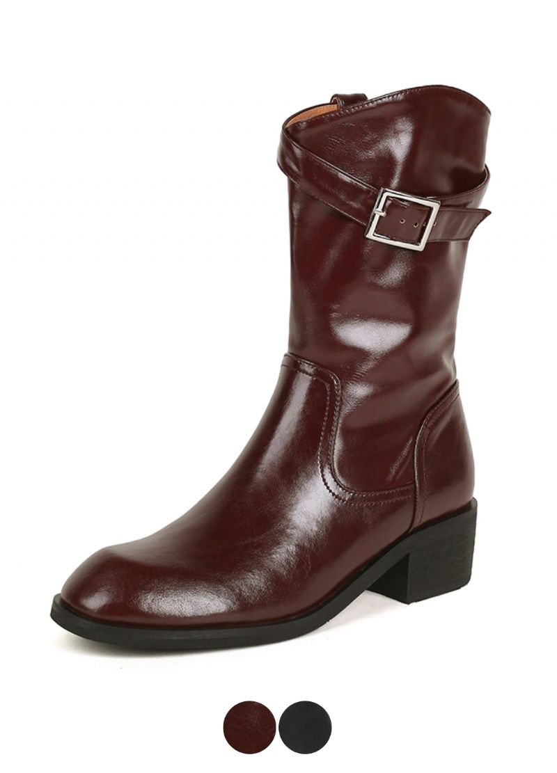 Julianti Winter Ronde Neus Leren Laarzen Met Vierkante Metalen Gesp Voor Dames Mid-calf