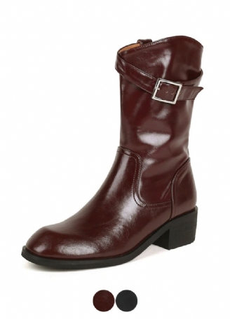 Julianti Winter Ronde Neus Leren Laarzen Met Vierkante Metalen Gesp Voor Dames Mid-calf