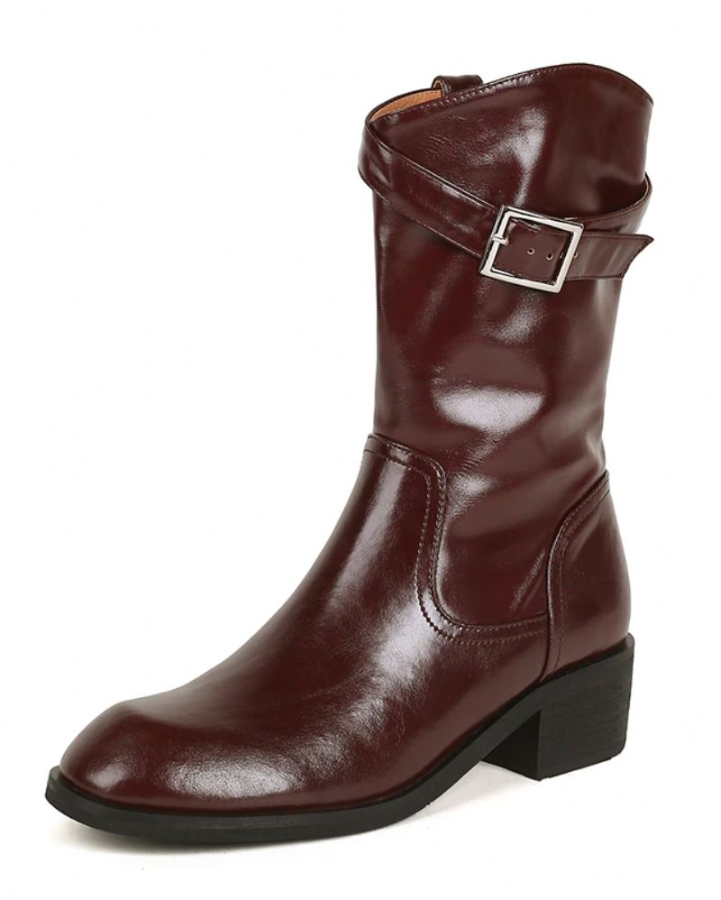 Julianti Winter Ronde Neus Leren Laarzen Met Vierkante Metalen Gesp Voor Dames Mid-calf - Bruin