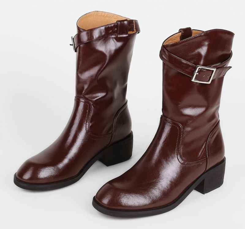 Julianti Winter Ronde Neus Leren Laarzen Met Vierkante Metalen Gesp Voor Dames Mid-calf - Bruin