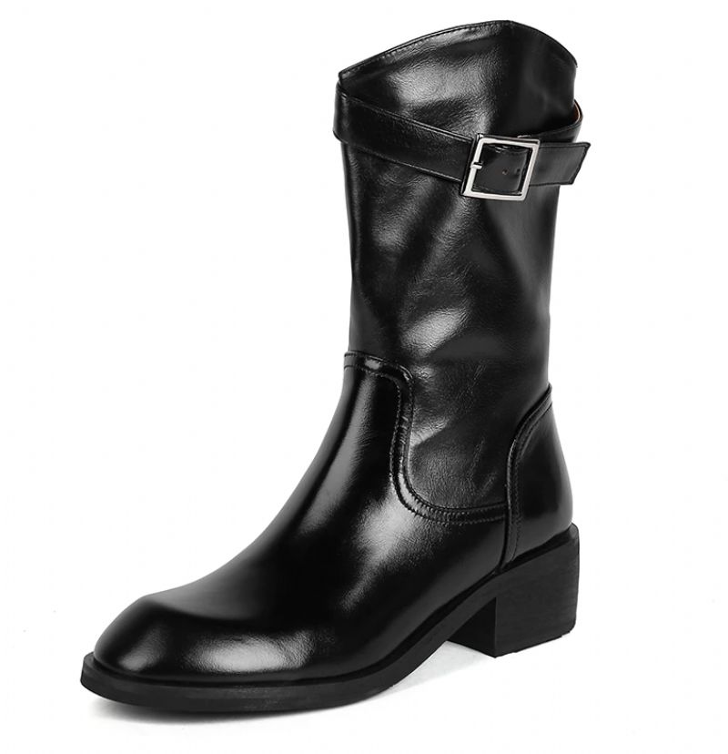 Julianti Winter Ronde Neus Leren Laarzen Met Vierkante Metalen Gesp Voor Dames Mid-calf - Bruin