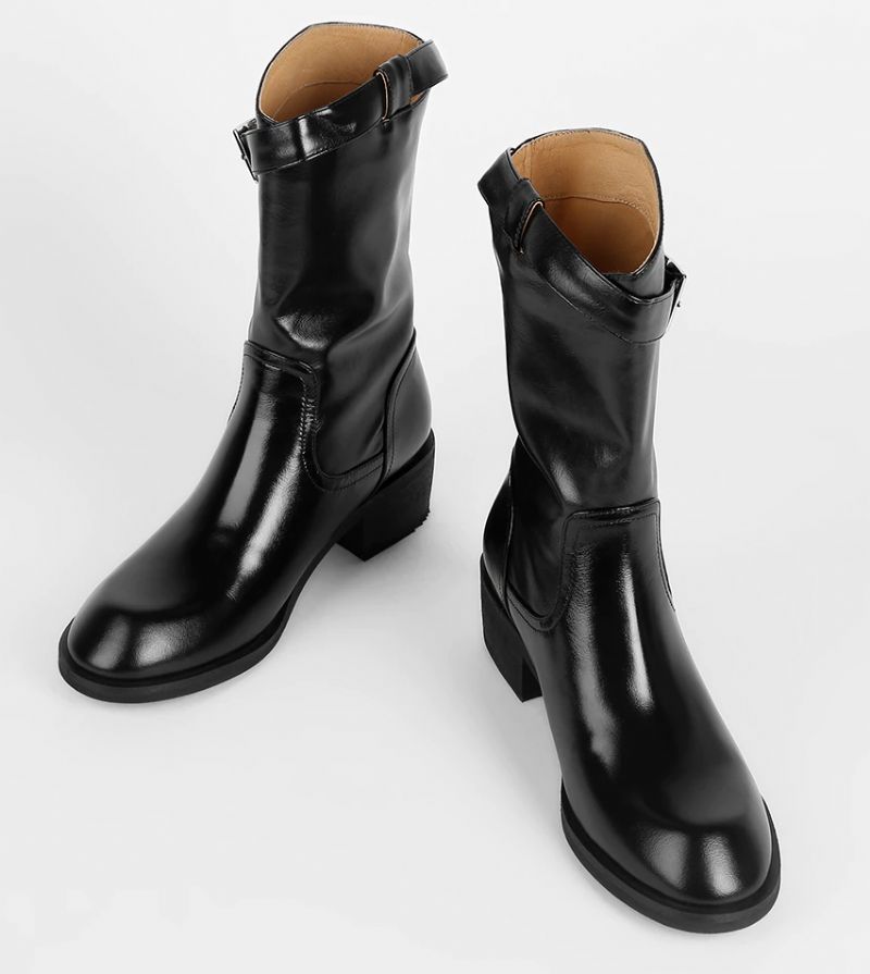 Julianti Winter Ronde Neus Leren Laarzen Met Vierkante Metalen Gesp Voor Dames Mid-calf - Bruin