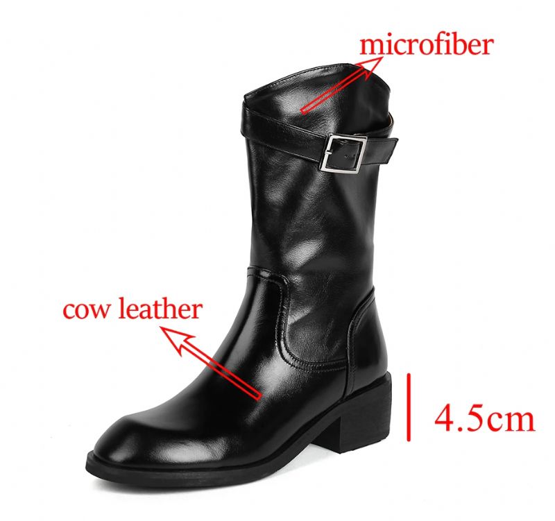 Julianti Winter Ronde Neus Leren Laarzen Met Vierkante Metalen Gesp Voor Dames Mid-calf - Bruin