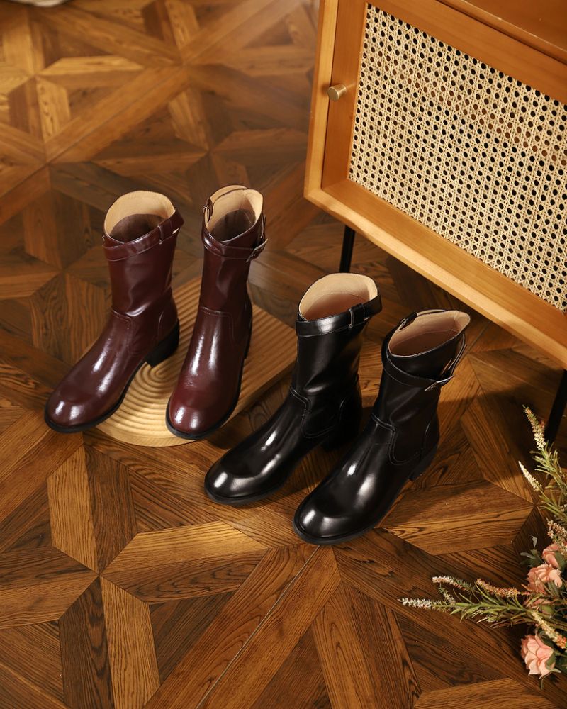 Julianti Winter Ronde Neus Leren Laarzen Met Vierkante Metalen Gesp Voor Dames Mid-calf - Bruin