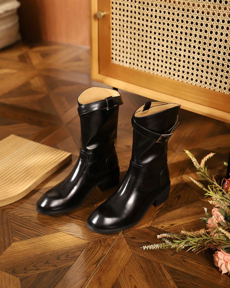 Julianti Winter Ronde Neus Leren Laarzen Met Vierkante Metalen Gesp Voor Dames Mid-calf - Bruin