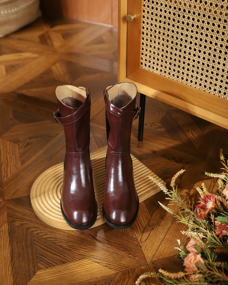 Julianti Winter Ronde Neus Leren Laarzen Met Vierkante Metalen Gesp Voor Dames Mid-calf - Bruin