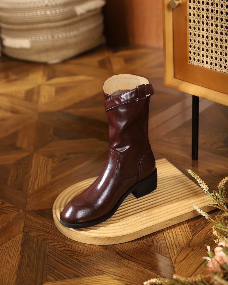 Julianti Winter Ronde Neus Leren Laarzen Met Vierkante Metalen Gesp Voor Dames Mid-calf - Bruin