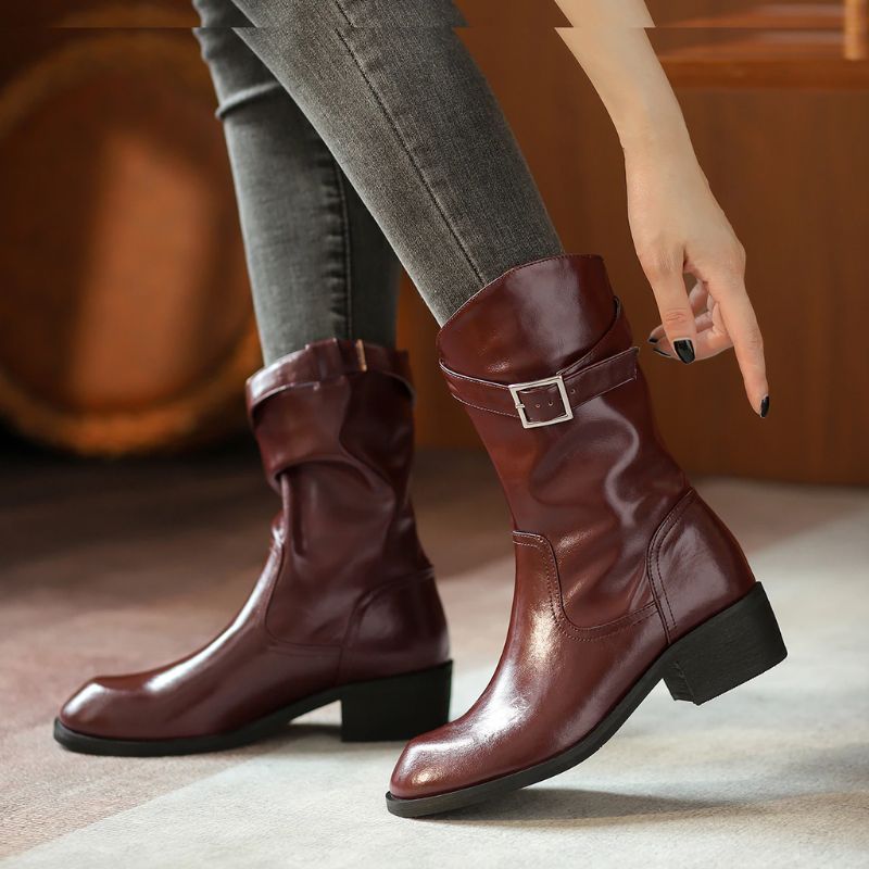 Julianti Winter Ronde Neus Leren Laarzen Met Vierkante Metalen Gesp Voor Dames Mid-calf - Bruin