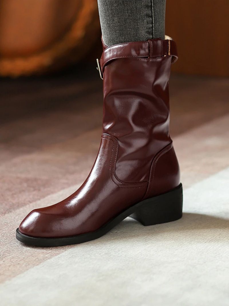 Julianti Winter Ronde Neus Leren Laarzen Met Vierkante Metalen Gesp Voor Dames Mid-calf - Bruin
