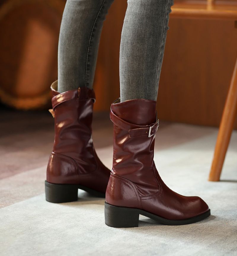 Julianti Winter Ronde Neus Leren Laarzen Met Vierkante Metalen Gesp Voor Dames Mid-calf - Bruin