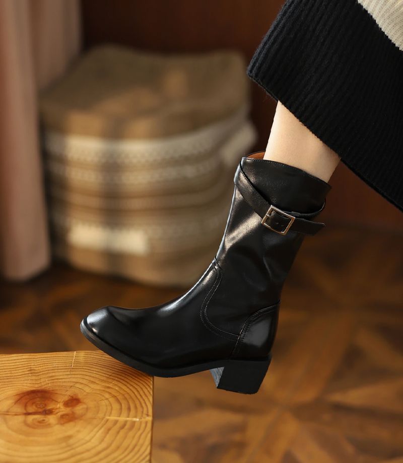 Julianti Winter Ronde Neus Leren Laarzen Met Vierkante Metalen Gesp Voor Dames Mid-calf - Bruin
