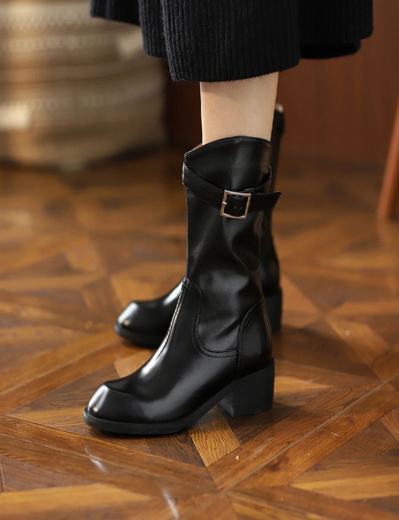 Julianti Winter Ronde Neus Leren Laarzen Met Vierkante Metalen Gesp Voor Dames Mid-calf - Bruin