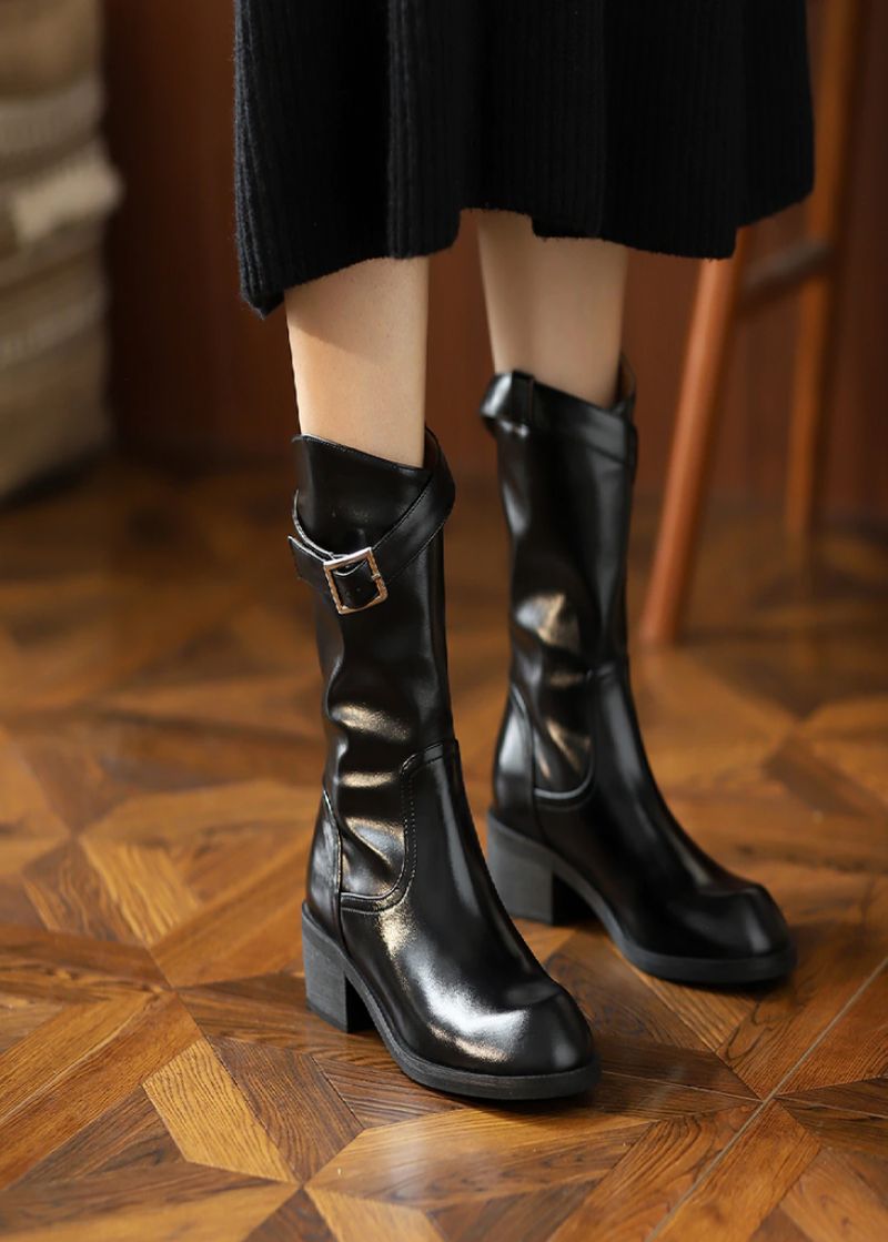 Julianti Winter Ronde Neus Leren Laarzen Met Vierkante Metalen Gesp Voor Dames Mid-calf - Bruin