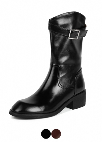 Julianti Winter Ronde Neus Leren Zwarte Laarzen Met Vierkante Metalen Gesp Mid-calf