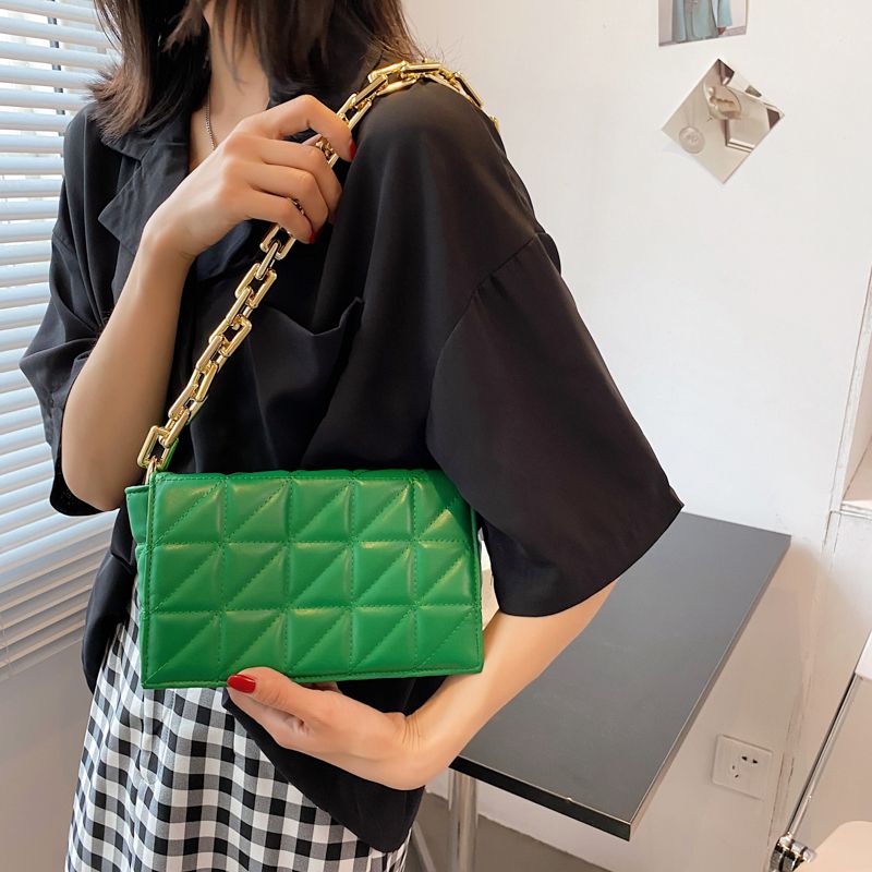 Kamel Dames Handtas Chunky Chain Quilted Leer - Groen