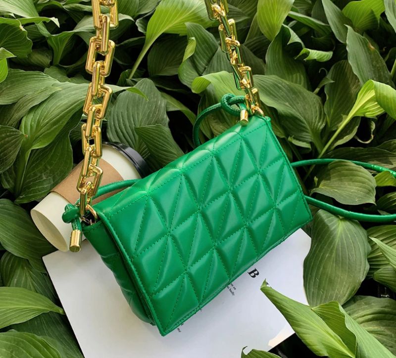 Kamel Dames Handtas Chunky Chain Quilted Leer - Groen