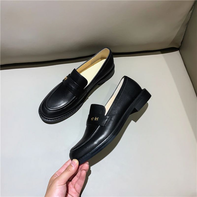 Kimberly Dames Oxford Echt Leren Ronde Neus Platte Zwarte Schoenen - Zwart