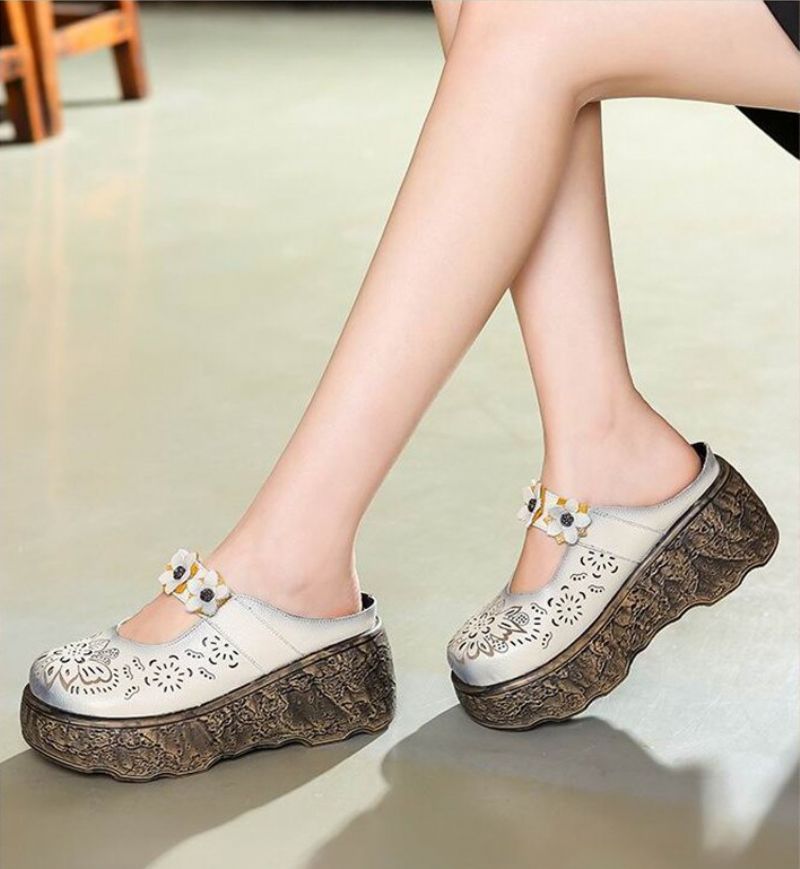 Kimberly Damesklompen In Retrostijl Van Leer - Beige