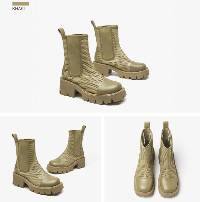 Klein Dames Mesh Platform Leren Laarzen - Khaki