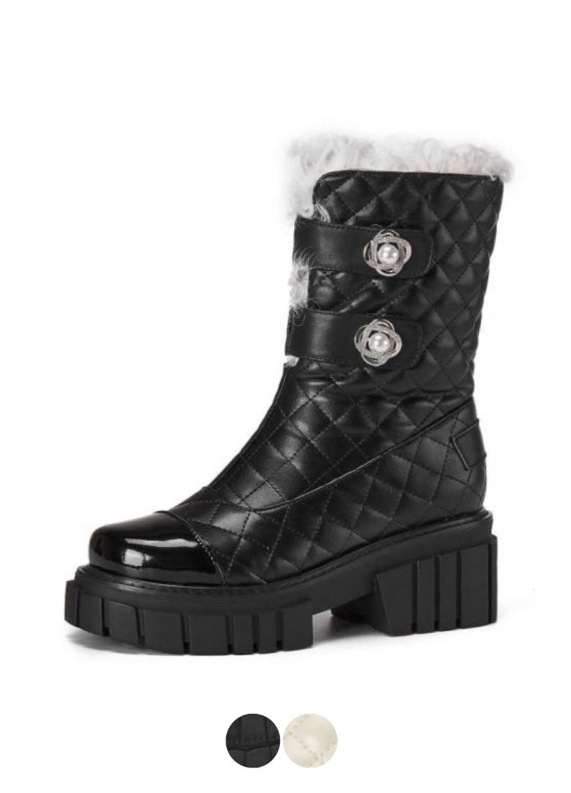 Kristen Zwarte Hoge Hak Snow Boots Voor Dames Met Parel Mid-calf Decoratie