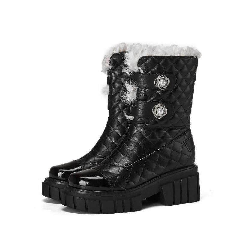Kristen Zwarte Hoge Hak Snow Boots Voor Dames Met Parel Mid-calf Decoratie - Zwart