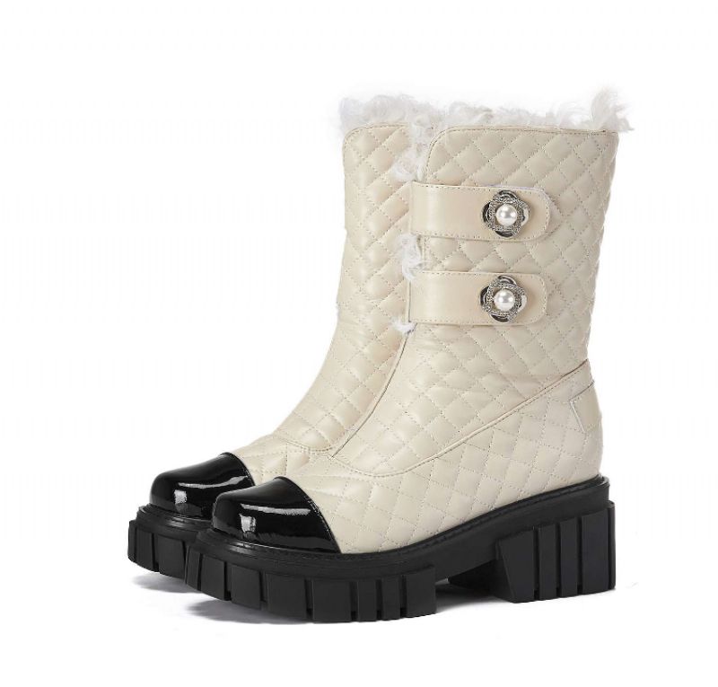 Kristen Zwarte Hoge Hak Snow Boots Voor Dames Met Parel Mid-calf Decoratie - Zwart