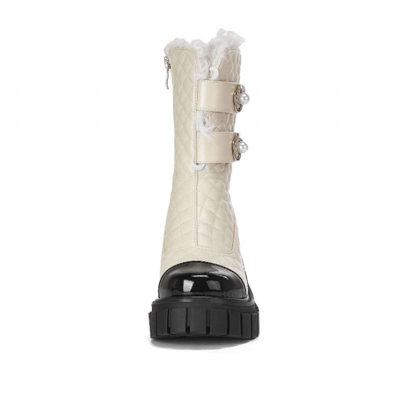 Kristen Zwarte Hoge Hak Snow Boots Voor Dames Met Parel Mid-calf Decoratie - Zwart